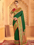 Monjolika Fashion Dark Green Banarasi Silk Blend Gold Zari Weaving Saree with Contrast Border | Grocsy