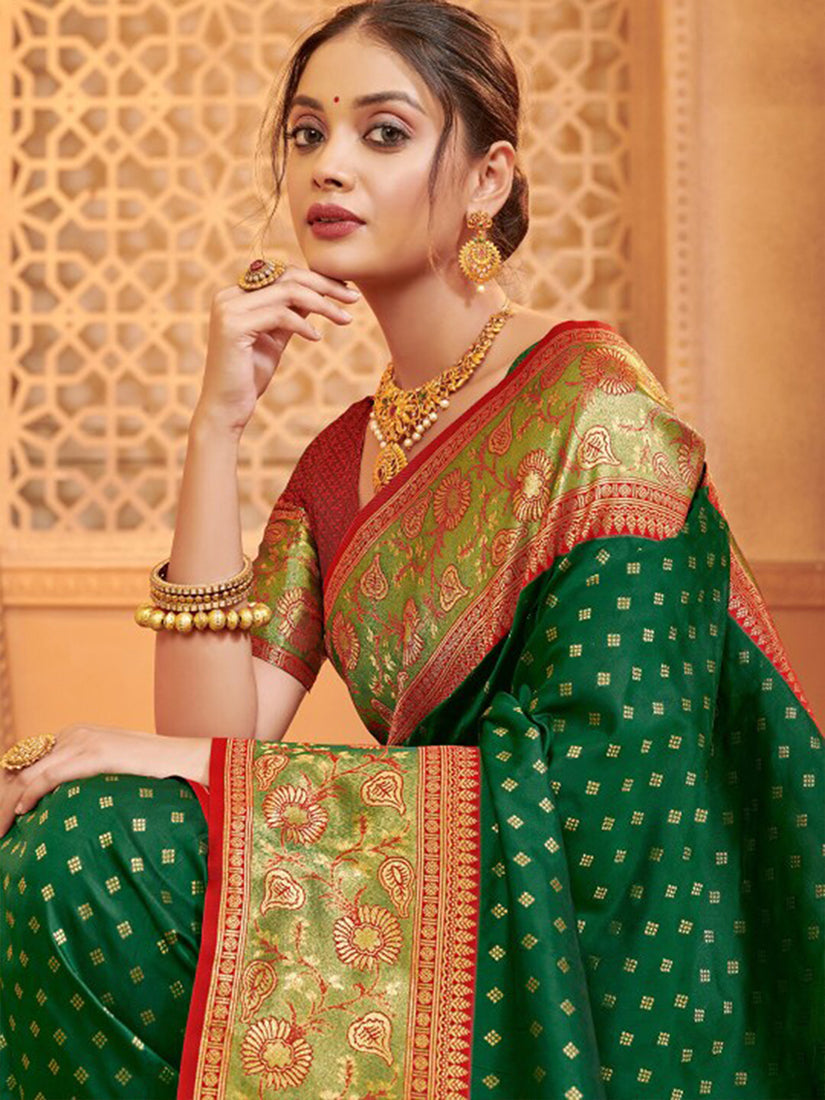 Monjolika Fashion Dark Green Banarasi Silk Blend Gold Zari Weaving Saree with Contrast Border | Grocsy