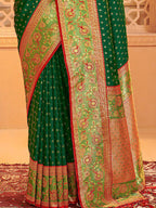 Monjolika Fashion Dark Green Banarasi Silk Blend Gold Zari Weaving Saree with Contrast Border | Grocsy