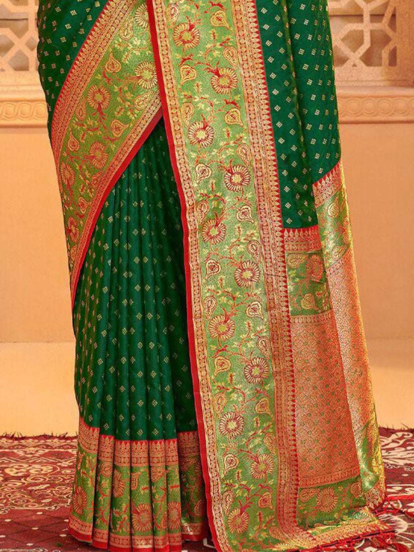 Monjolika Fashion Dark Green Banarasi Silk Blend Gold Zari Weaving Saree with Contrast Border | Grocsy
