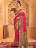 Monjolika Fashion Rani Pink Banarasi Silk Blend Gold Zari Weaving Saree with Contrast Border | Grocsy
