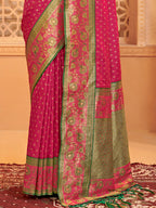 Monjolika Fashion Rani Pink Banarasi Silk Blend Gold Zari Weaving Saree with Contrast Border | Grocsy