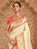 Monjolika Fashion Off White Banarasi Silk Blend Gold Zari Weaving Saree with Contrast Border | Grocsy