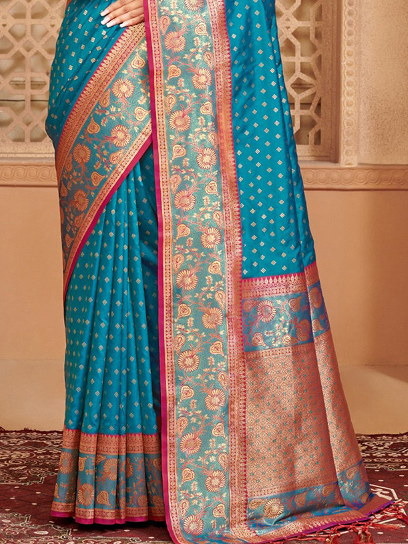 Monjolika Fashion Teal Blue Banarasi Silk Blend Gold Zari Weaving Saree with Contrast Border | Grocsy