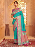 Monjolika Fashion Turquoise Banarasi Silk Blend Gold Zari Weaving Saree with Contrast Border | Grocsy
