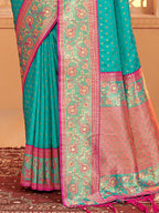 Monjolika Fashion Turquoise Banarasi Silk Blend Gold Zari Weaving Saree with Contrast Border | Grocsy