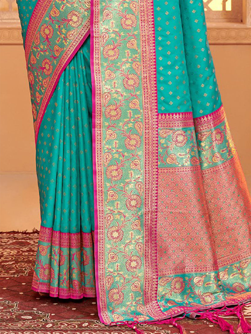 Monjolika Fashion Turquoise Banarasi Silk Blend Gold Zari Weaving Saree with Contrast Border | Grocsy