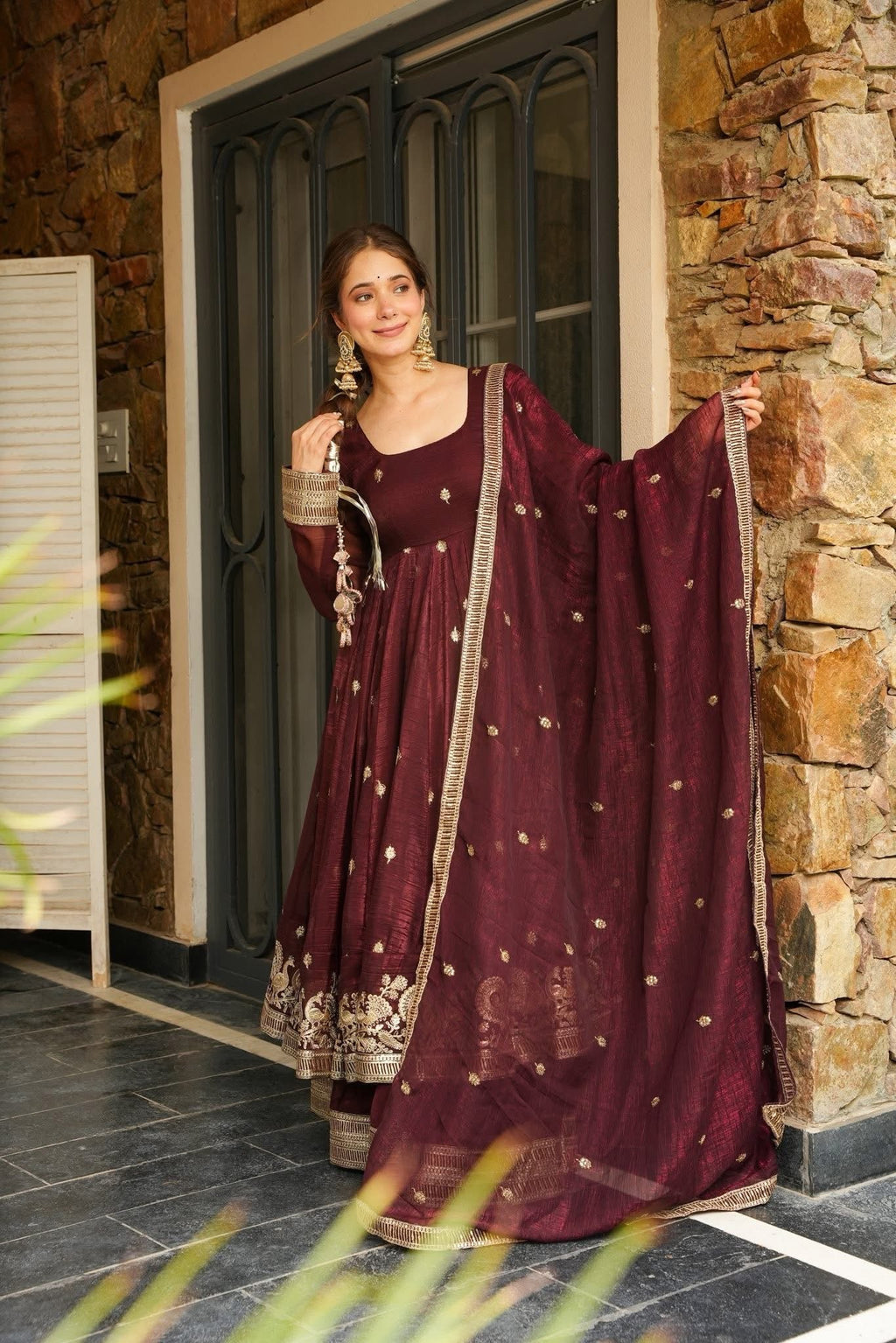 Yash Enterprise Maroon Simmer Silk Party Wear Ebroidery Suit Set | Grocsy
