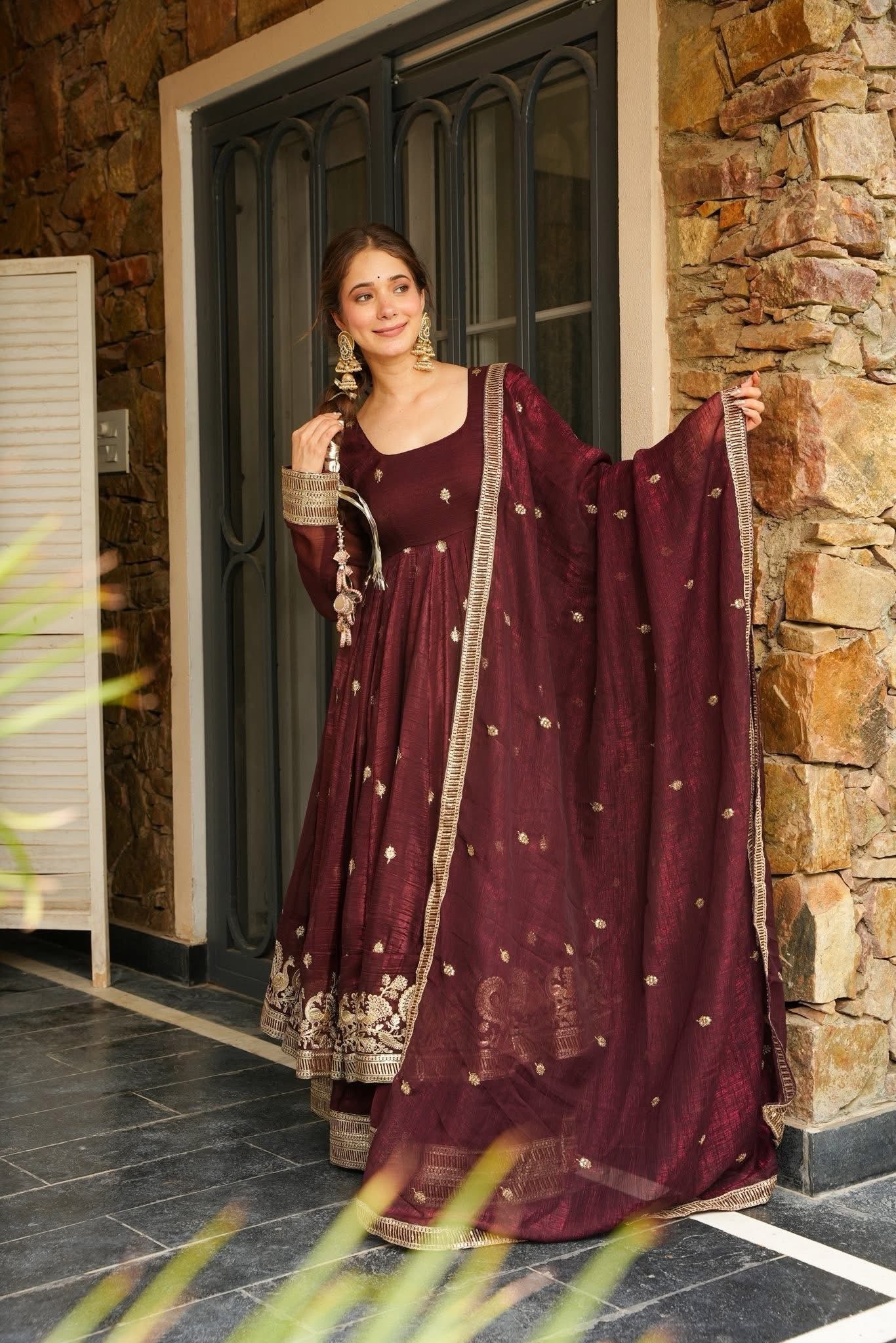 Yash Enterprise Maroon Simmer Silk Party Wear Ebroidery Suit Set | Grocsy