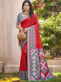 Monjolika Fashion Red & Grey Silk Blend Woven Design Saree with Blouse Piece | Grocsy