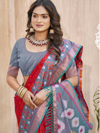 Monjolika Fashion Red & Grey Silk Blend Woven Design Saree with Blouse Piece | Grocsy