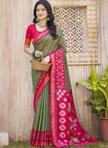 Monjolika Fashion Olive Green & Pink Silk Blend Woven Design Saree with Blouse Piece | Grocsy