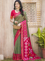 Monjolika Fashion Olive Green & Pink Silk Blend Woven Design Saree with Blouse Piece | Grocsy