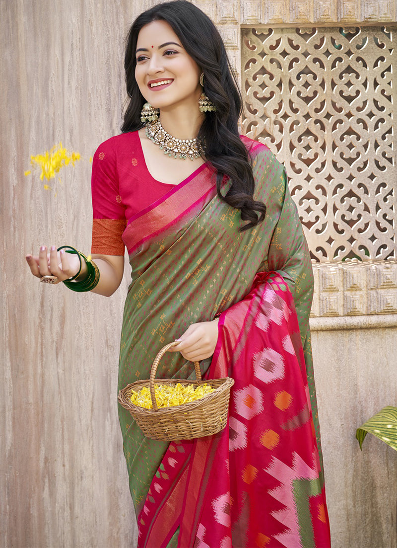 Monjolika Fashion Olive Green & Pink Silk Blend Woven Design Saree with Blouse Piece | Grocsy
