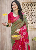Monjolika Fashion Olive Green & Pink Silk Blend Woven Design Saree with Blouse Piece | Grocsy