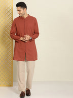 House of Pataudi Men Pure Cotton Solid Straight Mandarin Collar Rozana Kurta | Grocsy