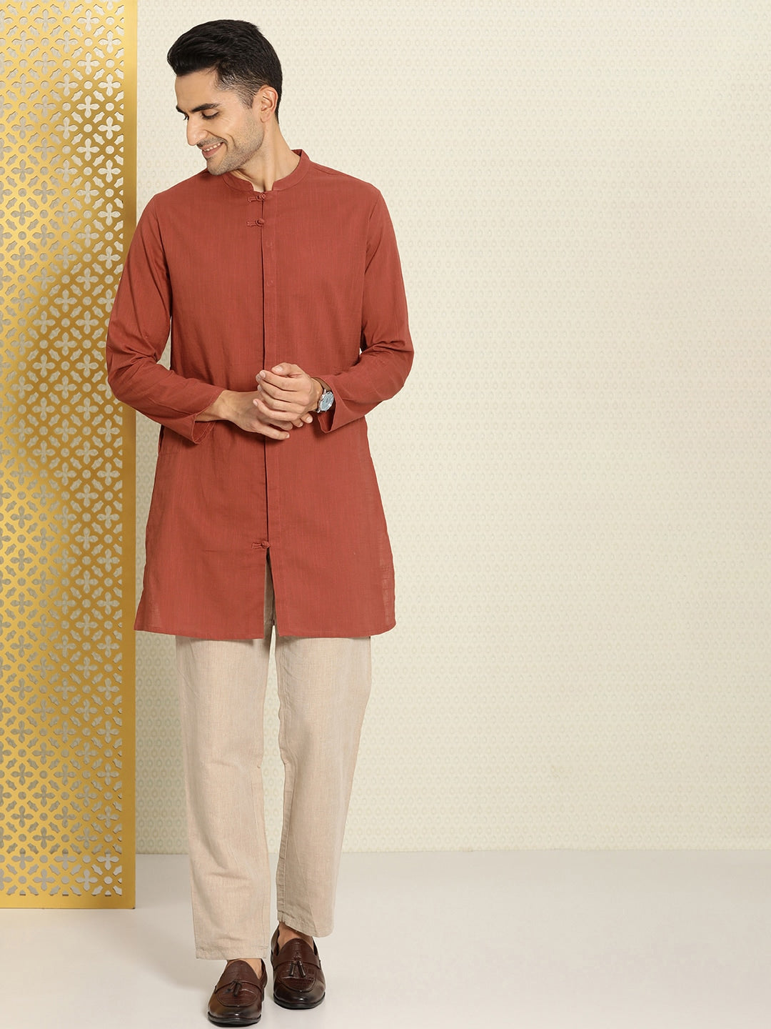 House of Pataudi Men Pure Cotton Solid Straight Mandarin Collar Rozana Kurta | Grocsy