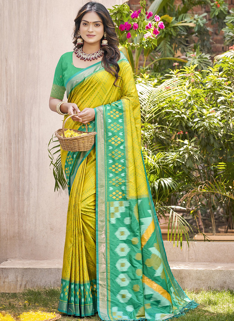 Monjolika Fashion Mustard & Green Silk Blend Woven Design Saree with Blouse Piece | Grocsy