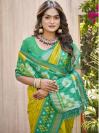 Monjolika Fashion Mustard & Green Silk Blend Woven Design Saree with Blouse Piece | Grocsy