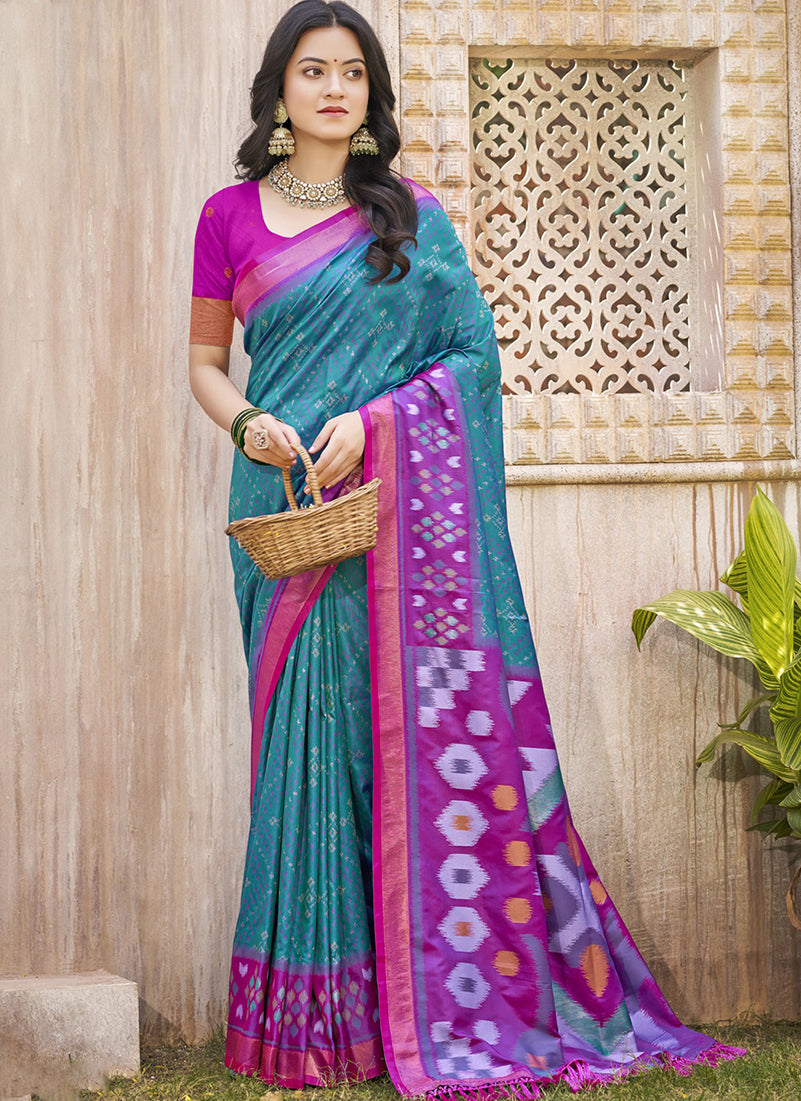 Monjolika Fashion Teal & Magenta Silk Blend Woven Design Saree with Blouse Piece | Grocsy