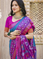 Monjolika Fashion Teal & Magenta Silk Blend Woven Design Saree with Blouse Piece | Grocsy