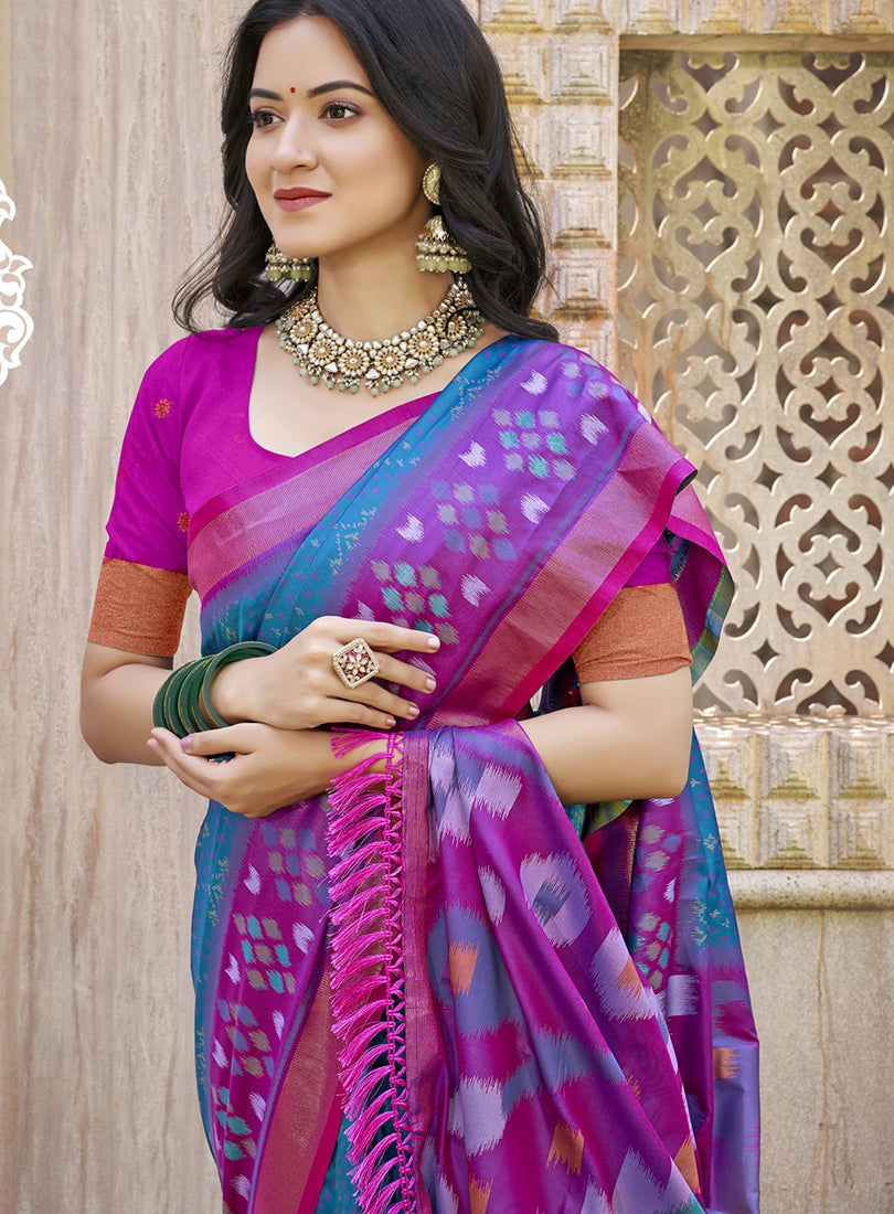 Monjolika Fashion Teal & Magenta Silk Blend Woven Design Saree with Blouse Piece | Grocsy