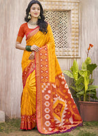 Monjolika Fashion Mustard & Rust Orange Silk Blend Woven Design Saree with Blouse Piece | Grocsy