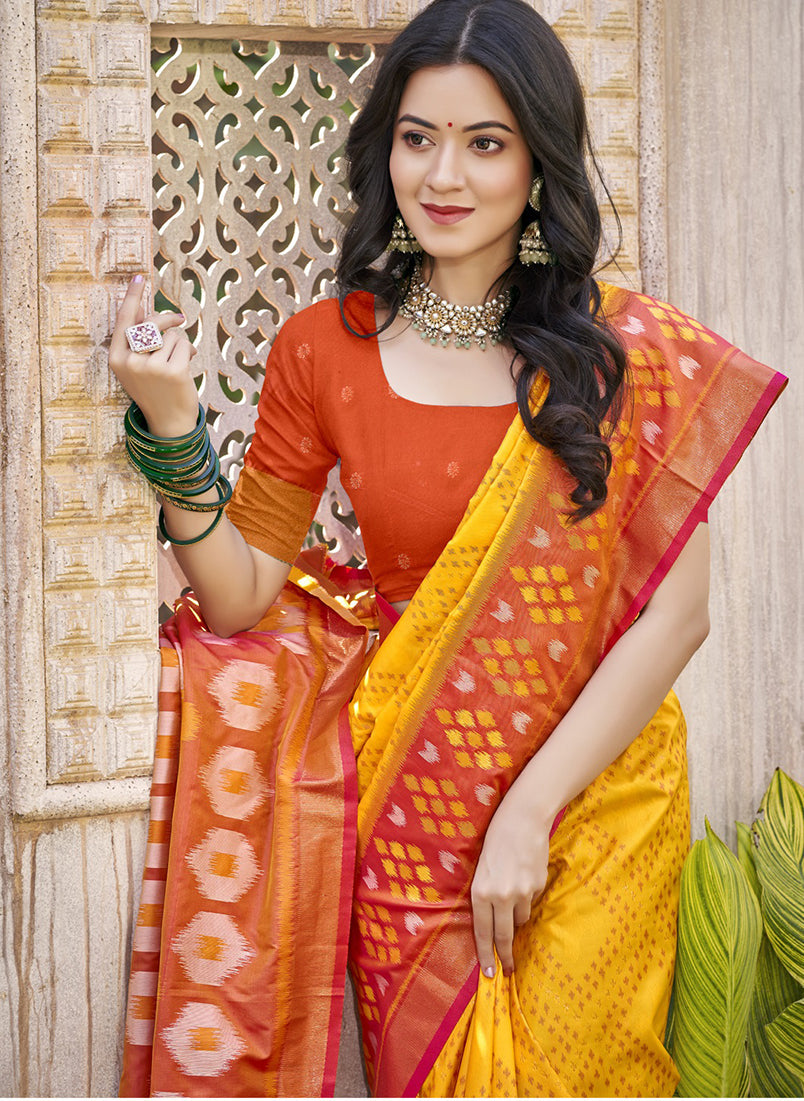 Monjolika Fashion Mustard & Rust Orange Silk Blend Woven Design Saree with Blouse Piece | Grocsy