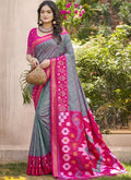 Monjolika Fashion Grey & Rani Pink Silk Blend Woven Design Saree with Blouse Piece | Grocsy