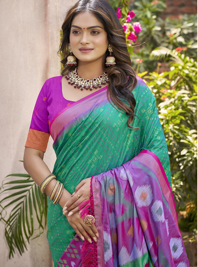 Monjolika Fashion Green & Violet Silk Blend Woven Design Saree with Blouse Piece | Grocsy
