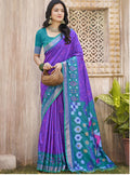Monjolika Fashion Purple & Teal Silk Blend Woven Design Saree with Blouse Piece | Grocsy