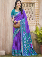 Monjolika Fashion Purple & Teal Silk Blend Woven Design Saree with Blouse Piece | Grocsy