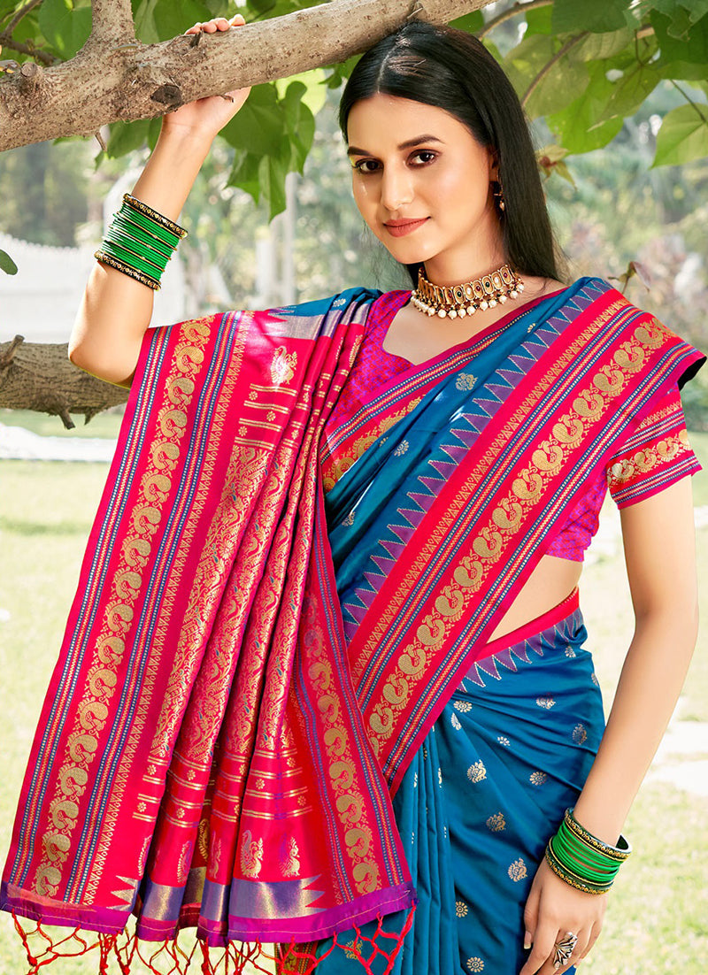 Monjolika Fashion Royal Blue & Rani Pink Banarasi Silk Blend Saree with Zari Woven Border | Grocsy