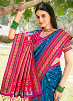 Monjolika Fashion Royal Blue & Rani Pink Banarasi Silk Blend Saree with Zari Woven Border | Grocsy