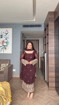 Yash Enterprise Maroon Faux Blooming Silk Party Wear Embroidery Suit Set | Grocsy