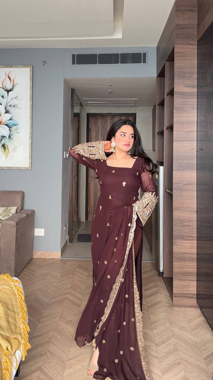 Yash Enterprise Maroon Faux Blooming Silk Party Wear Embroidery Suit Set | Grocsy