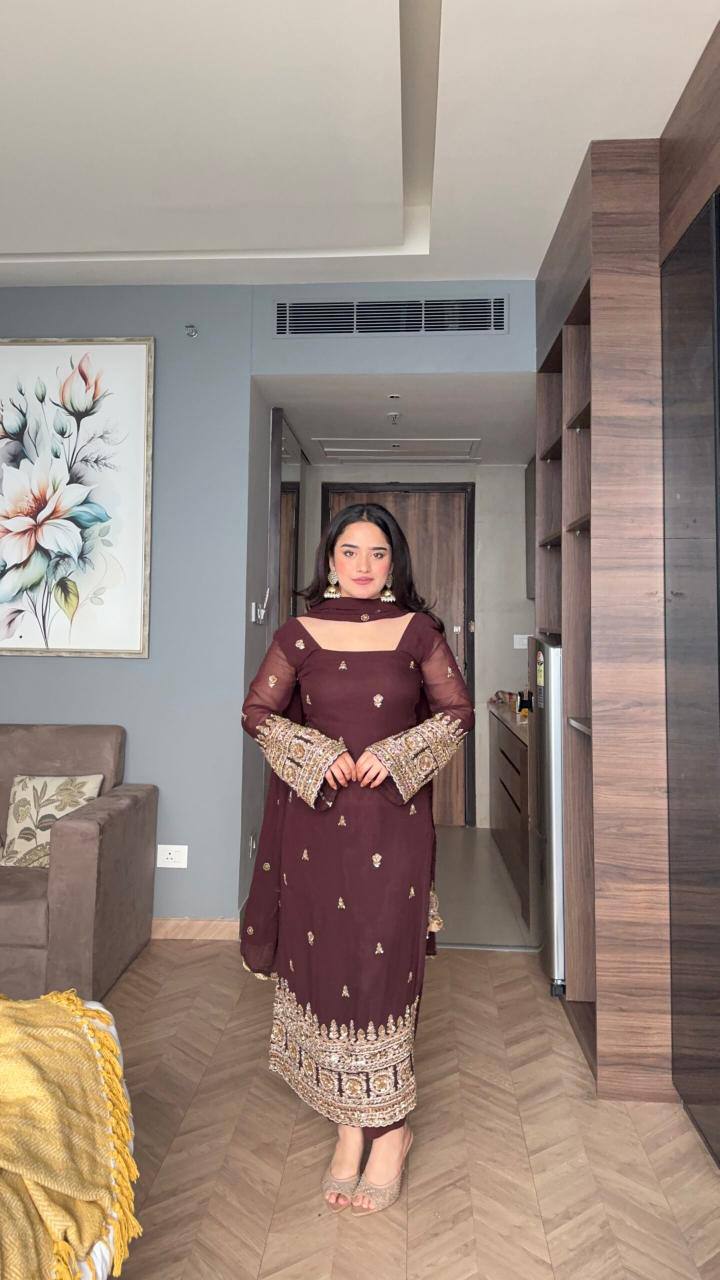 Yash Enterprise Maroon Faux Blooming Silk Party Wear Embroidery Suit Set | Grocsy