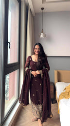 Yash Enterprise Maroon Faux Blooming Silk Party Wear Embroidery Suit Set | Grocsy