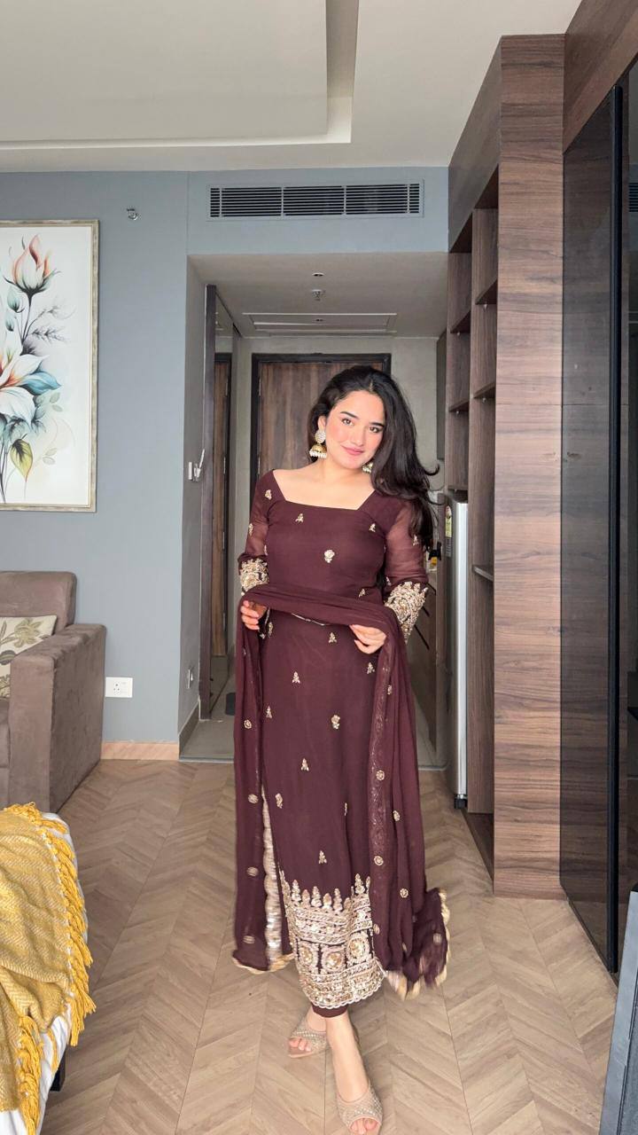 Yash Enterprise Maroon Faux Blooming Silk Party Wear Embroidery Suit Set | Grocsy