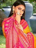 Monjolika Fashion Mustard & Rani Pink Banarasi Silk Blend Saree with Zari Woven Border | Grocsy