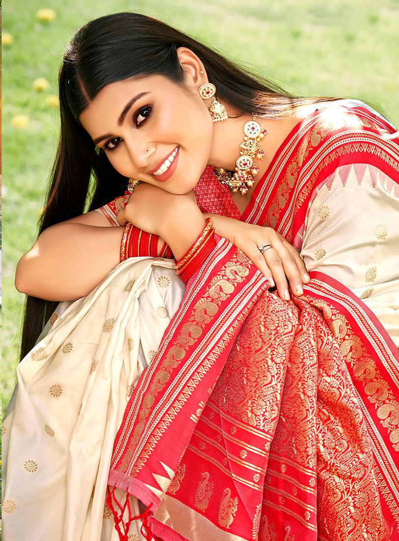 Monjolika Fashion Off White & Red Banarasi Silk Blend Saree with Zari Woven Border | Grocsy