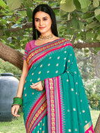 Monjolika Fashion Teal & Rani Pink Banarasi Silk Blend Saree with Zari Woven Border | Grocsy