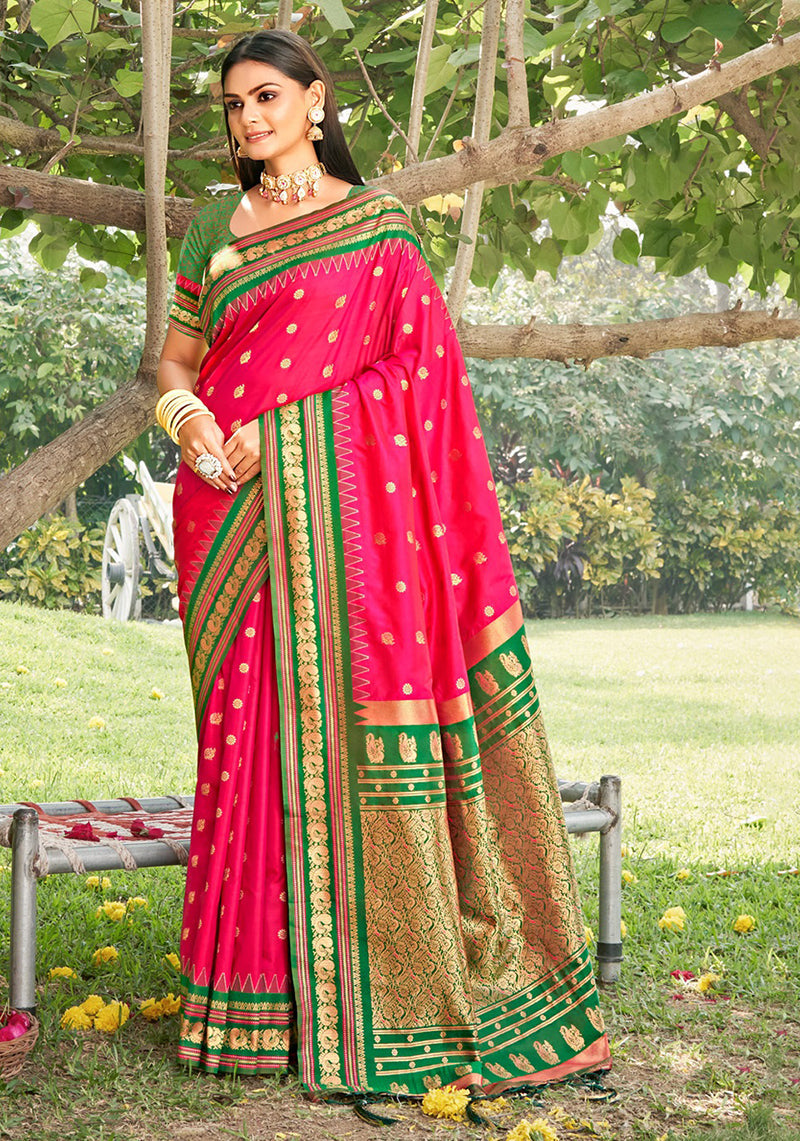 Monjolika Fashion Rani Pink & Green Banarasi Silk Blend Saree with Zari Woven Border | Grocsy