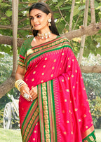 Monjolika Fashion Rani Pink & Green Banarasi Silk Blend Saree with Zari Woven Border | Grocsy