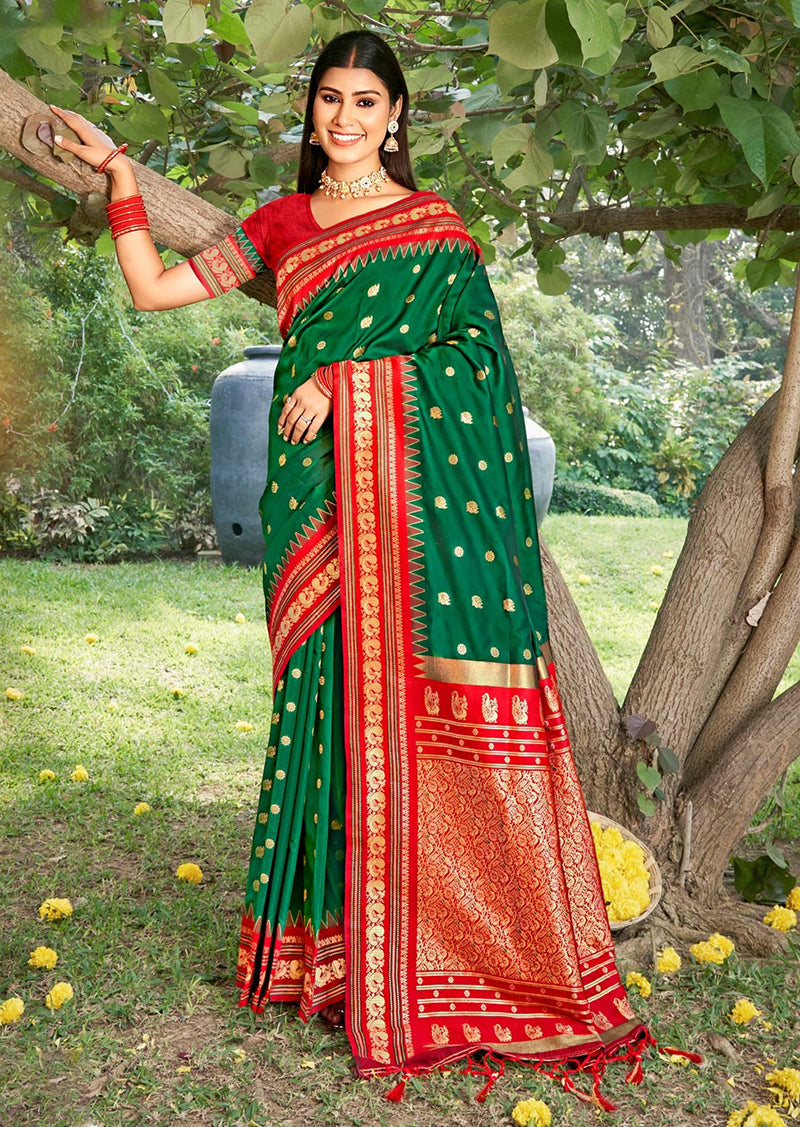 Monjolika Fashion Dark Green & Red Banarasi Silk Blend Saree with Zari Woven Border | Grocsy