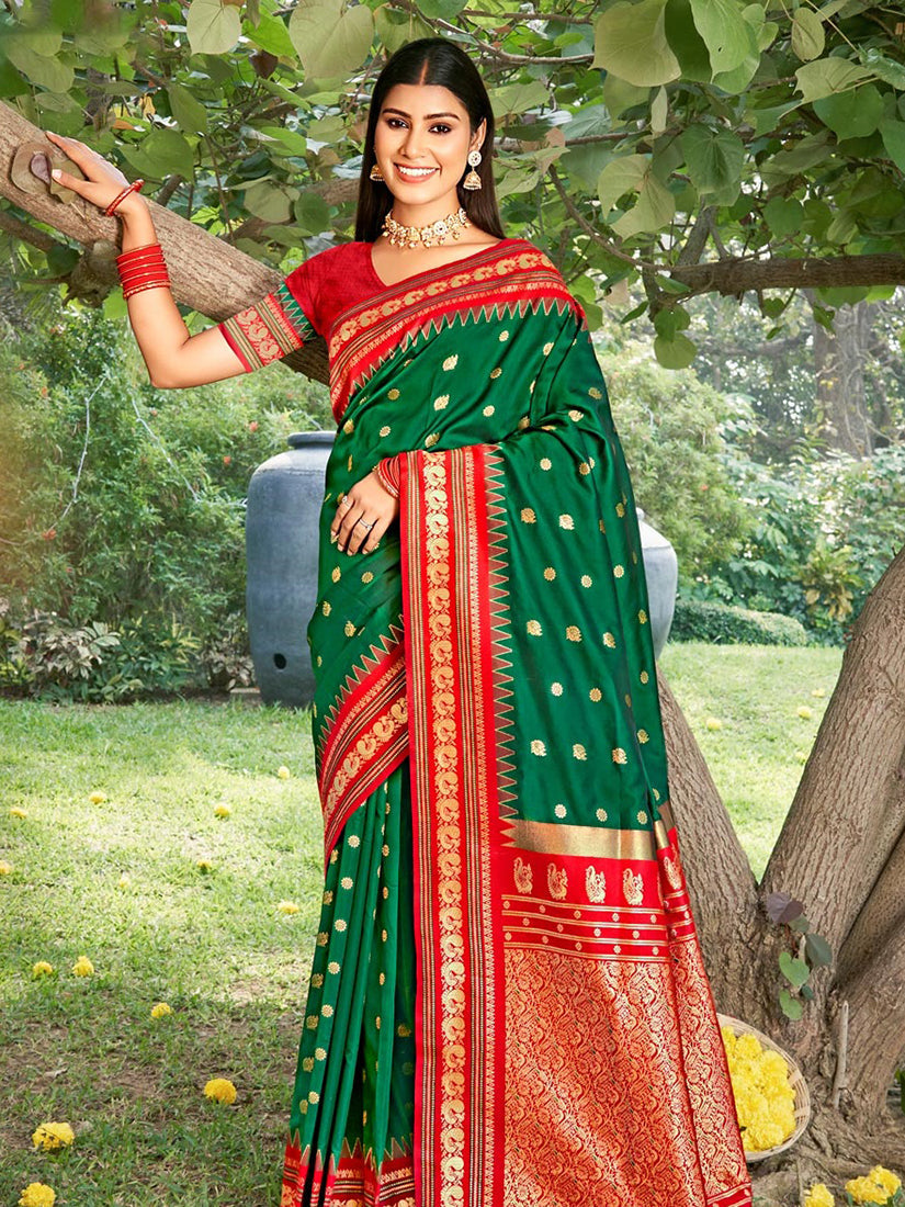 Monjolika Fashion Dark Green & Red Banarasi Silk Blend Saree with Zari Woven Border | Grocsy