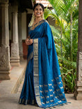 Monjolika Fashion Royal Blue Silk Blend Saree with Silver Zari Horse Motif | Grocsy