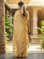 Monjolika Fashion Beige Silk Blend Saree with Silver Zari Horse Motif | Grocsy