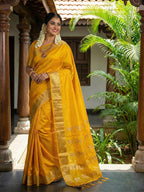 Monjolika Fashion Mustard Silk Blend Saree with Silver Zari Horse Motif | Grocsy