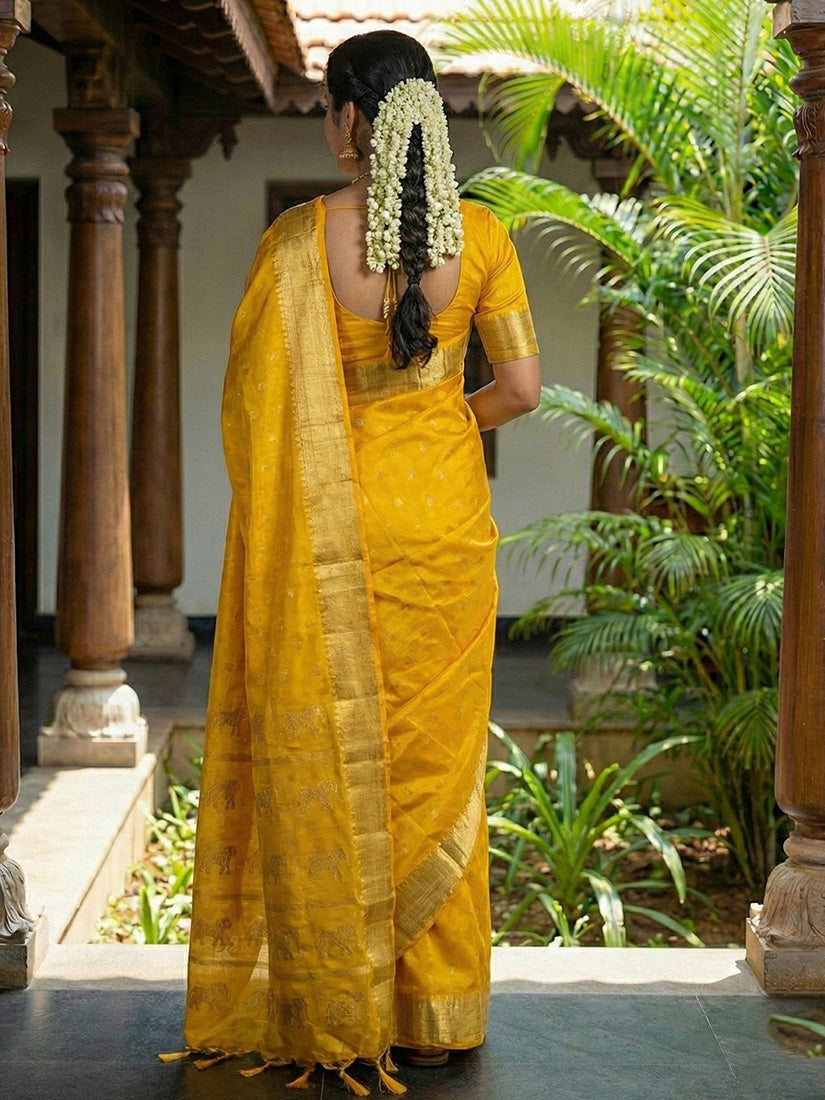 Monjolika Fashion Mustard Silk Blend Saree with Silver Zari Horse Motif | Grocsy